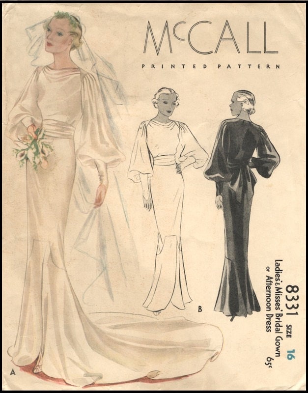 1930s Ladies Wedding or Evening Gown - Reproduction 1935 Sewing Pattern #T8331 - 34 Inch Bust