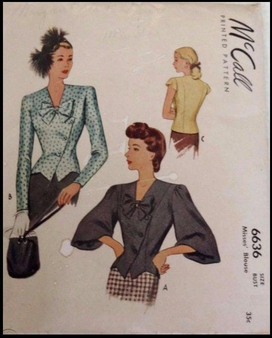 1940s Ladies Asymmetrical Blouse With Three Sleeve Options - Reproduction Sewing Pattern #F6636 - 36 Inch Bust - 1946 Jacket Blouse