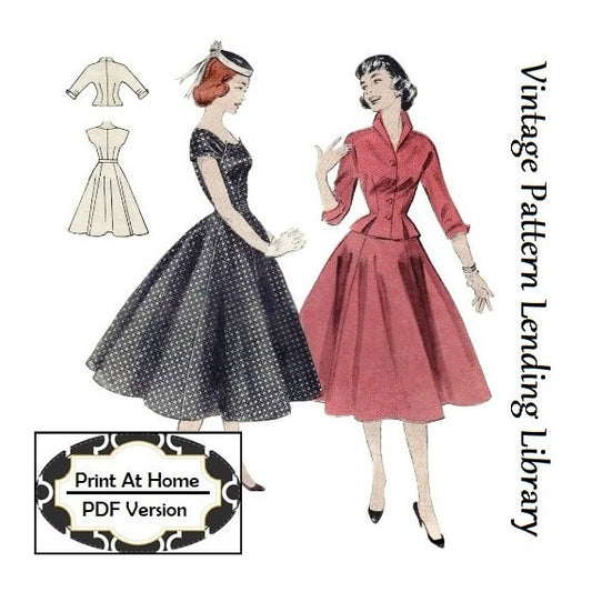 1950s Ladies Dress with Jacket - INSTANT DOWNLOAD - Reproduction 1954 Sewing Pattern #F7138 - 32 Inch Bust - Print At Home - PDF