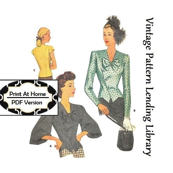 1940s Ladies Blouse With Three Sleeve Options - INSTANT DOWNLOAD - Reproduction 1946 Sewing Pattern #F6636 -36 Inch Bust - PDF-Print At Home