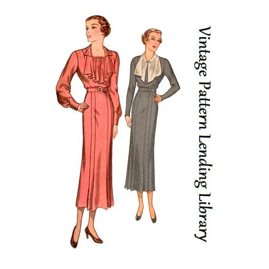 1930s Ladies Dress With Jabot - Reproduction 1934 Sewing Pattern #T7982 - 41 Inch Bust