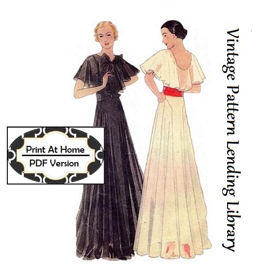 1930s Ladies Evening Gown With Capelet - INSTANT DOWNLOAD - Print Shop Only - Reproduction 1933 Sewing Pattern #T7292 - 38 Inch Bust - PDF