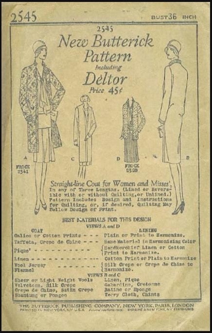 1920s Ladies Straight-Line Coat With Optional Quilting - Reproduction 1929 Sewing Pattern #Z2545 - 36 Inch Bust