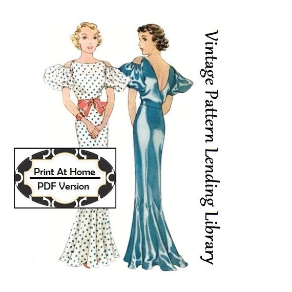 1930s Ladies Evening Gown With Drop Sleeves - INSTANT DOWNLOAD - Reproduction 1934 Sewing Pattern #T7903 - 38 Inch Bust -PDF - Print At Home