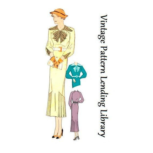 1930s Ladies Dress With Pleated Insets - Reproduction 1934 Sewing Pattern #T4496 - 34 Inch Bust