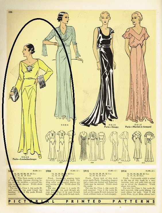 1930s Ladies Evening Gown With Deep Cuffs - Reproduction 1931-33 Sewing Pattern #T5846 - 34 Inch Bust