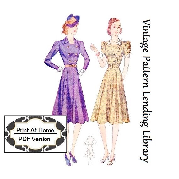 1940 Ladies Day Dress With Front Buttons - INSTANT DOWNLOAD - Reproduction Sewing Pattern #F3284 - 34 Inch Bust - PDF - Print At Home