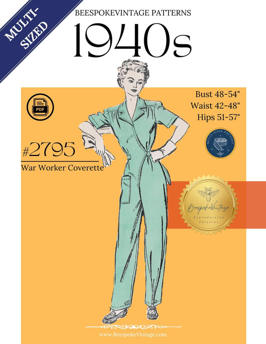 1940s Coverette Overalls WWII Rosie the Riveter - Bust 48"- 54" MULTISIZED Reproduction Vintage Pattern #2795-4854 (PDF - Print At Home)