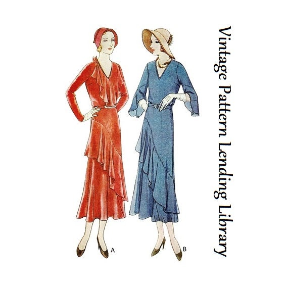 1930s Ladies Flounced Dress with Jabot - Reproduction 1931-32 Sewing Pattern #T6679 - 36 Inch Bust