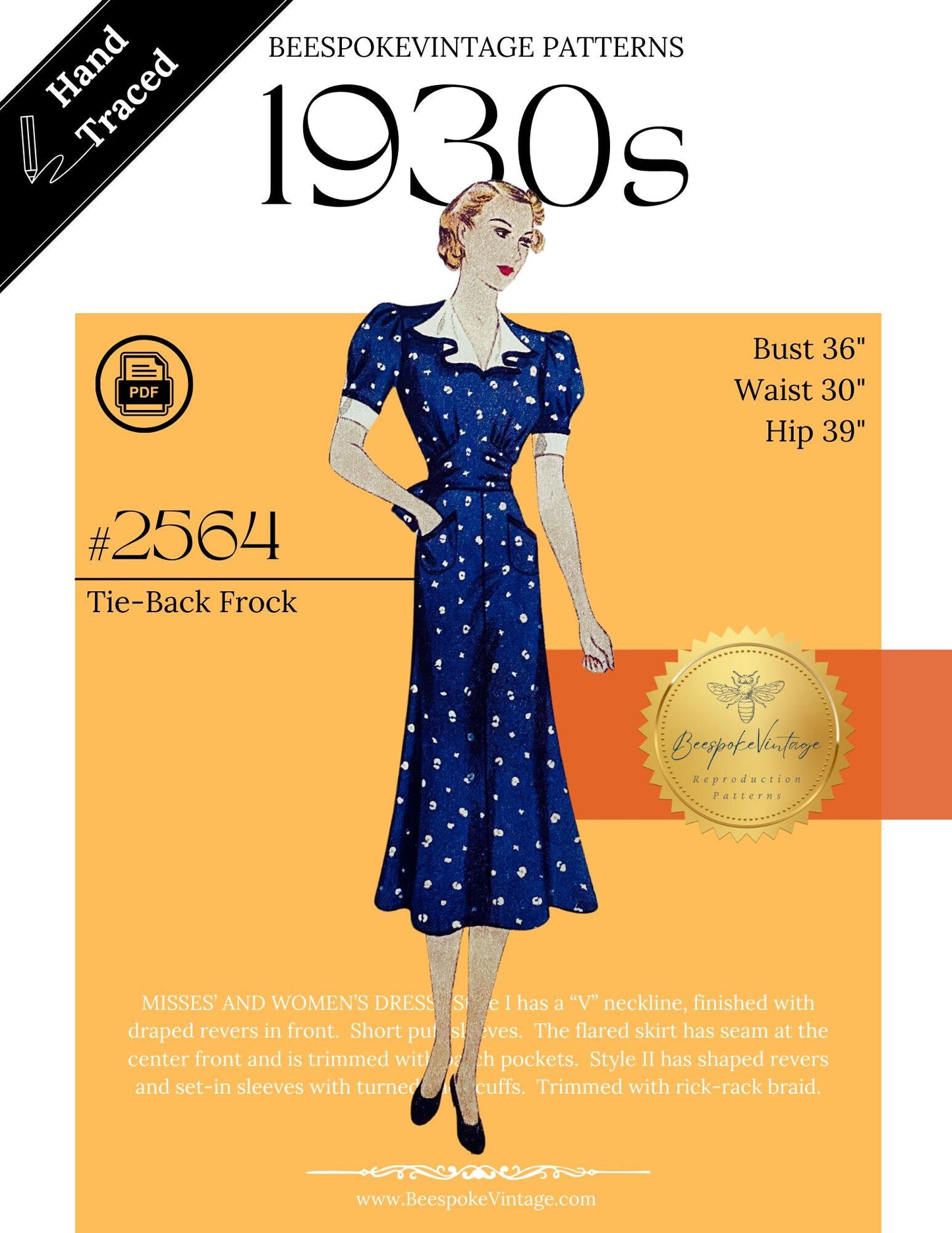 1930s Misses' Frock with Tie Back - Bust 36" - Reproduction Vintage Pattern #2564-36  - PDF - Print At Home