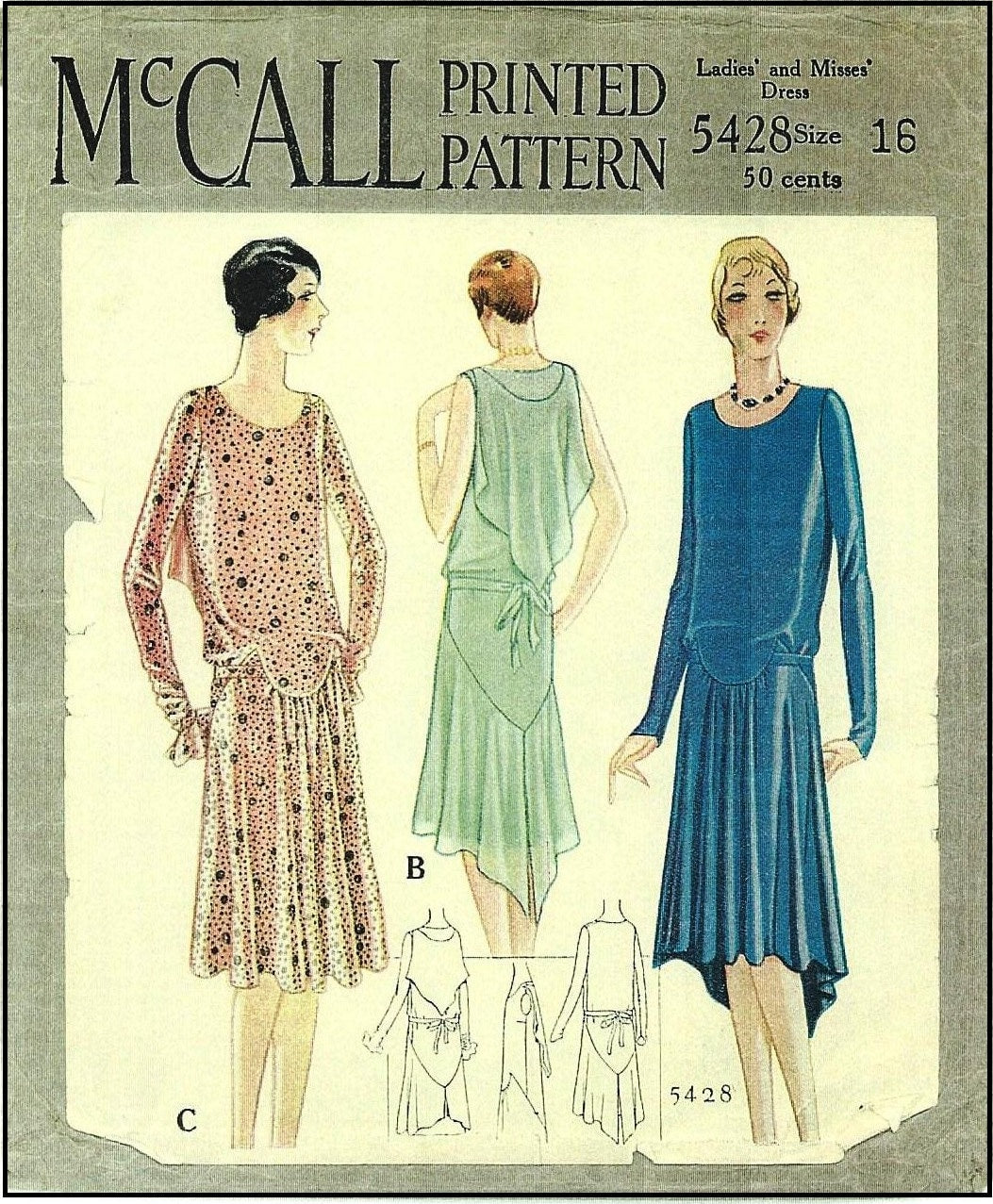 1920s Ladies Dress With Shoulder Drape - Reproduction 1928 Sewing Pattern #Z5428 - 34 Inch Bust