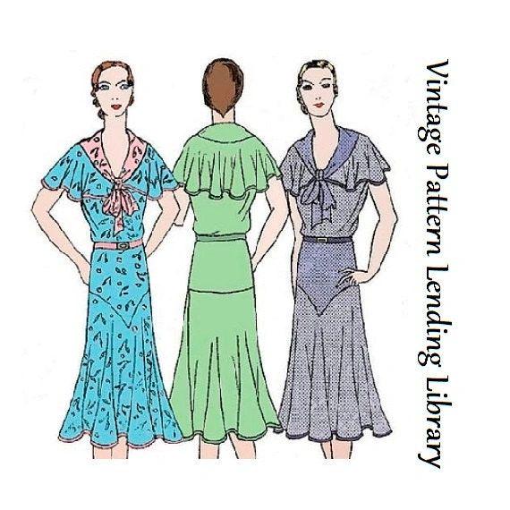 1930s Ladies Day Dress With Bertha - Reproduction 1931-32 Sewing Pattern #T0255 - Multi-sized Pattern