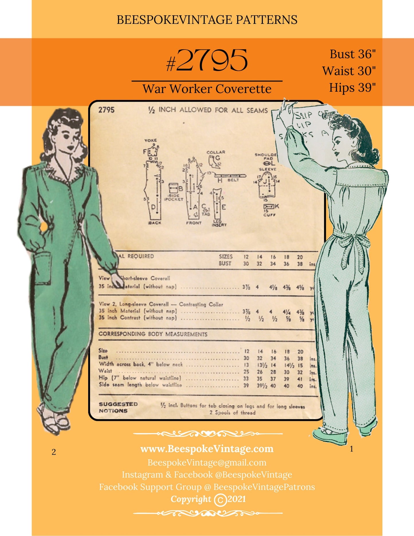 1940s Coverette Overalls WWII Rosie the Riveter - ORIGINAL SIZE ONLY Bust 36" Reproduction Vintage Pattern #2795-36 (PDF - Print At Home)