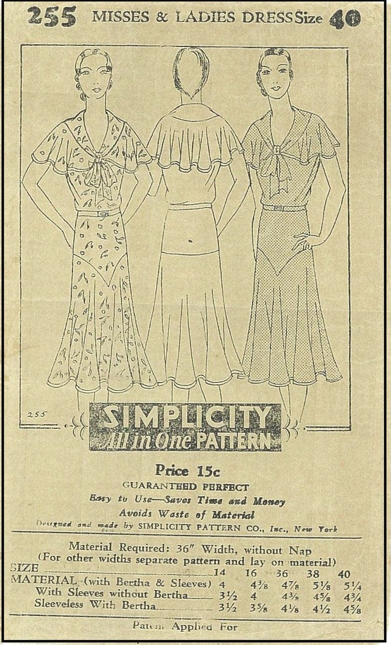 1930s Ladies Day Dress With Bertha - INSTANT DOWNLOAD - Reproduction 1931-32 Sewing Pattern #T0255 - 38-42 Inch Bust - PDF - Print At Home