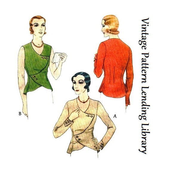 1930s Ladies Jacket Blouse With Cross Over Bodice - Reproduction 1931-32 Sewing Pattern #T6796 - 34 Inch Bust