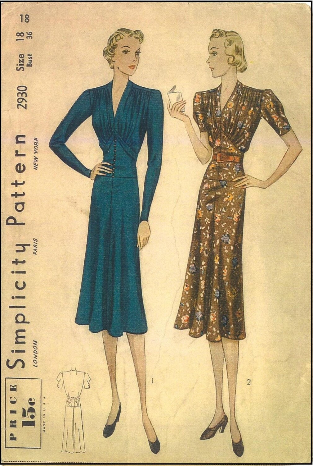 1930s Ladies Dress With Softly Gathered Bodice - Reproduction 1938 Sewing Pattern #T2930 - 36 Inch Bust