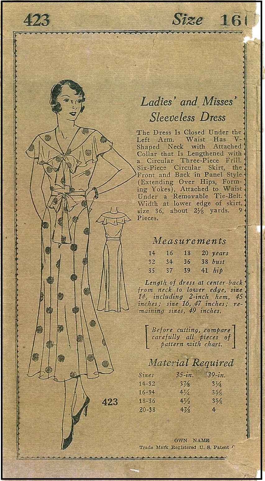 1930s Sleeveless Day Dress Sewing Pattern | Authentic Vintage 1930s Reproduction | Print at Home | PDF | Bust 34” #T0423