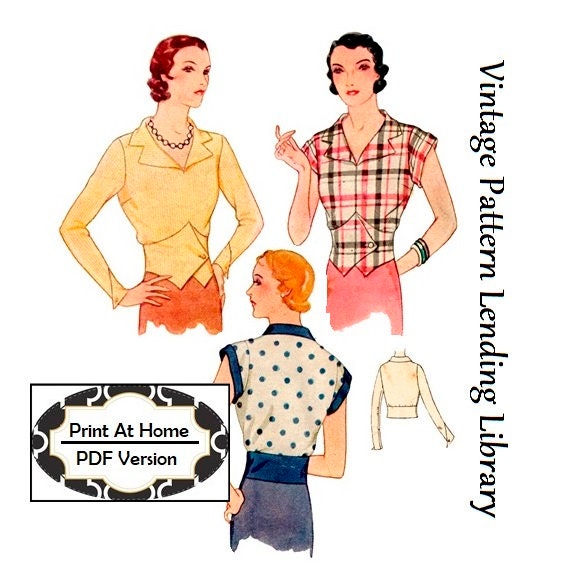 1930s Ladies Blouse In Vest Style - INSTANT DOWNLOAD - Reproduction 1932 Sewing Pattern #T6960 - 38 Inch Bust - PDF - Print At Home