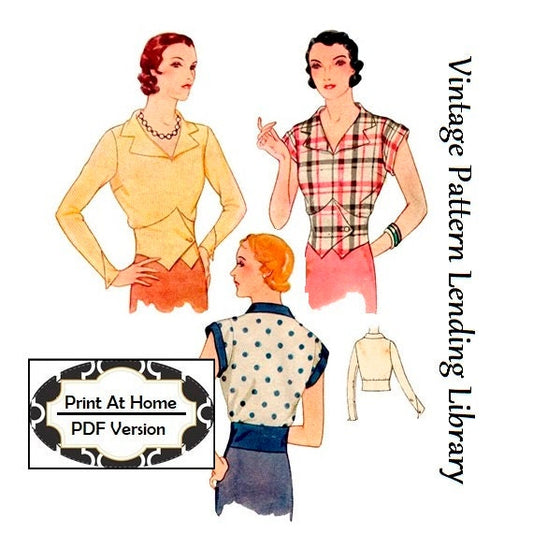 1930s Ladies Blouse In Vest Style - INSTANT DOWNLOAD - Reproduction 1932 Sewing Pattern #T6960 - 38 Inch Bust - PDF - Print At Home