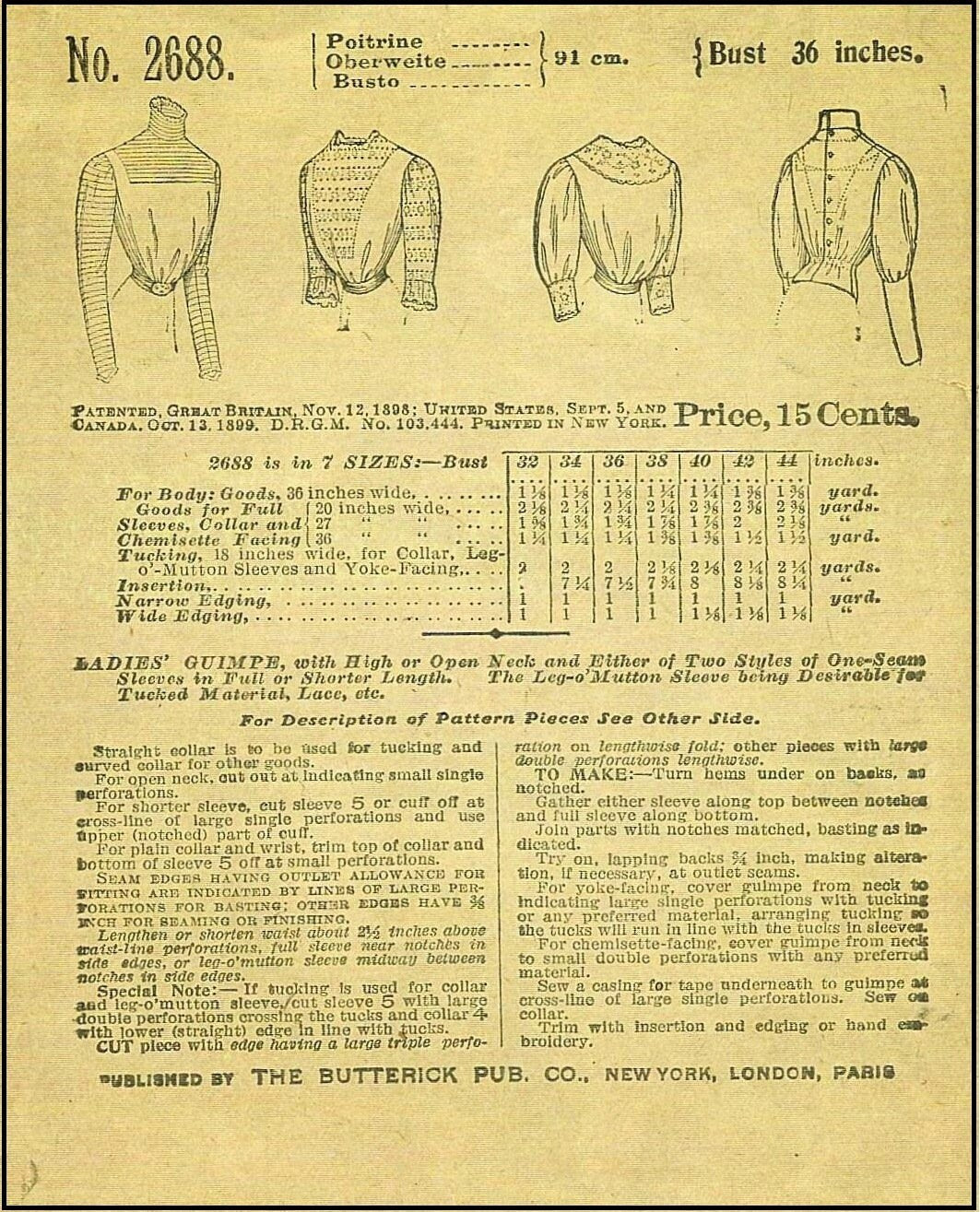 1890s Ladies Guimpe Blouse - Victorian Era - Reproduction (ca. 1898) Sewing Pattern #E2688 - 36 Inch Bust