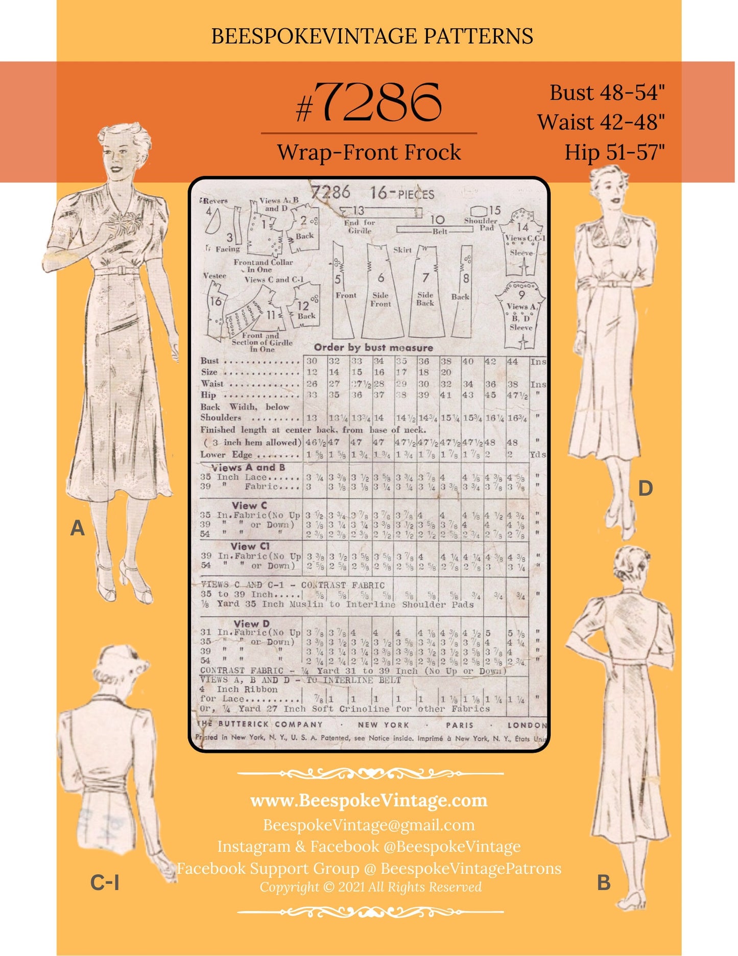 1930s Dress with Wrap Front - Bust 32-38" MULTISIZED Reproduction Vintage Pattern #7286-3238 - PDF - Print At Home