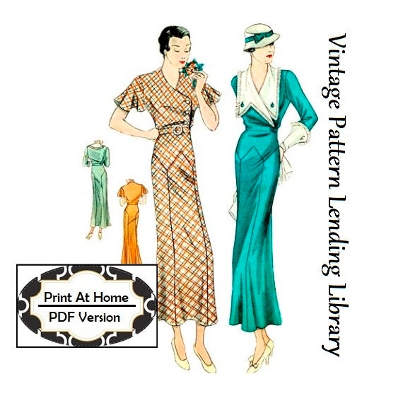 1930s Ladies Dress With Large Collar -  INSTANT DOWNLOAD - Art Deco Reproduction Sewing Pattern #T1481 - 36 Inch Bust - PDF - Print At Home