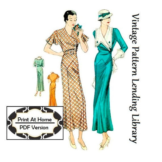 1930s Ladies Dress With Large Collar -  INSTANT DOWNLOAD - Art Deco Reproduction Sewing Pattern #T1481 - 36 Inch Bust - PDF - Print At Home