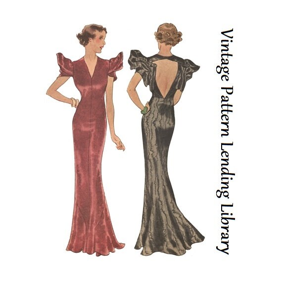 1930s Ladies Evening Gown With Pleated Sleeves - Reproduction 1934 Sewing Pattern #T8079 - 36 Inch Bust