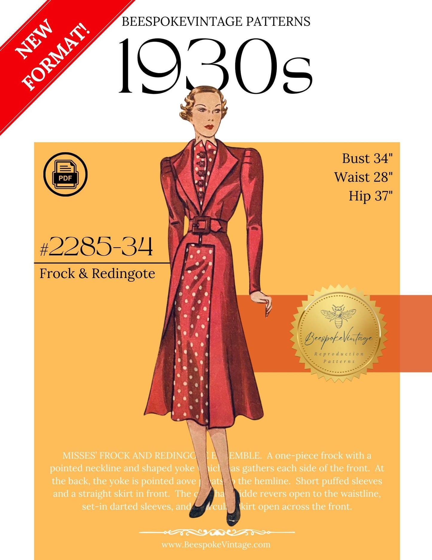 1930s Redingote Ensemble Dress & Coat - Bust 34" - Reproduction Vintage Pattern #2285-34 - PDF - Print At Home