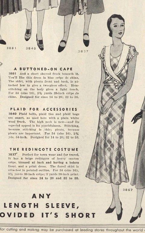 1930s Ladies Day Dress With Wrap Around Collar - Reproduction 1931 Sewing Pattern #T3867 - 38 Inch Bust