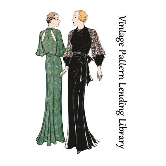 1930s Ladies Evening Gown With Slashed Back - Reproduction 1934 Sewing Pattern #T7363 - 38 Inch Bust