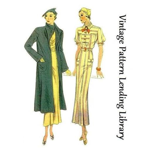 1930s Ladies Dress With Coat - Reproduction 1934 Sewing Pattern #T1418 - 36 Inch Bust