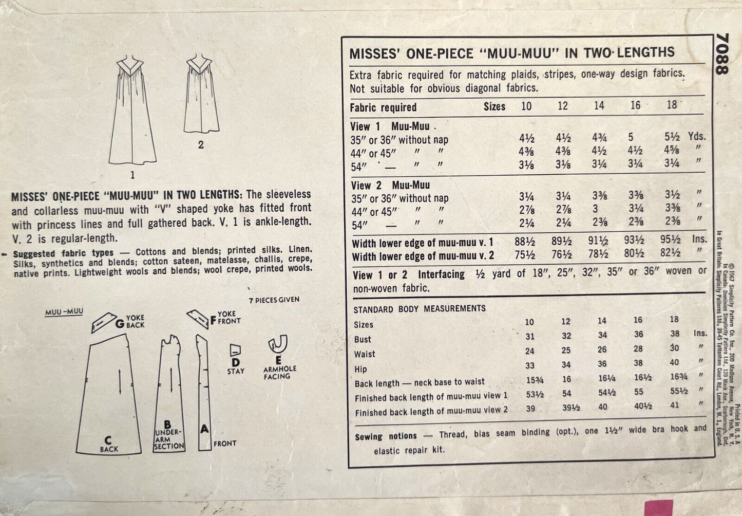 1960s MuuMuu, Waterfall Dress - Bust 34" and 38" - Reproduction Vintage Pattern #7088 - PDF - Print At Home