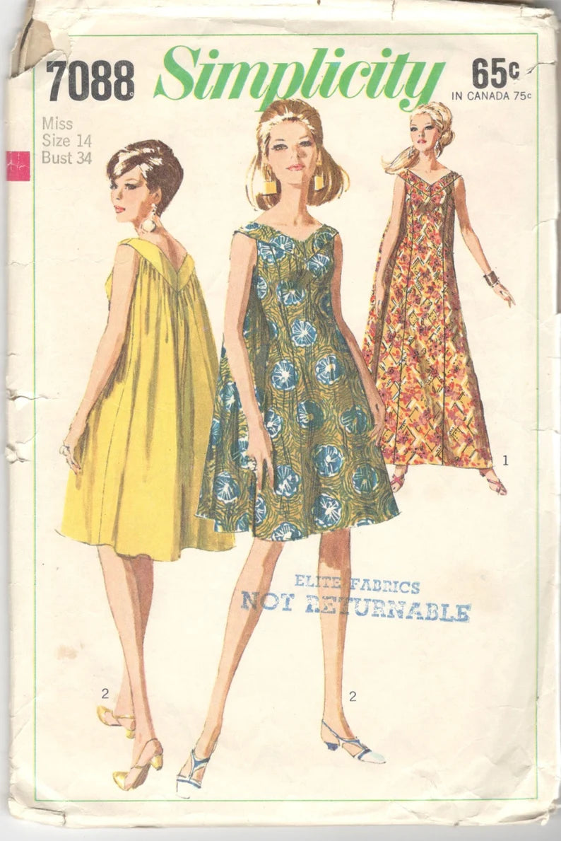 1960s MuuMuu, Waterfall Dress - Bust 34" and 38" - Reproduction Vintage Pattern #7088 - PDF - Print At Home