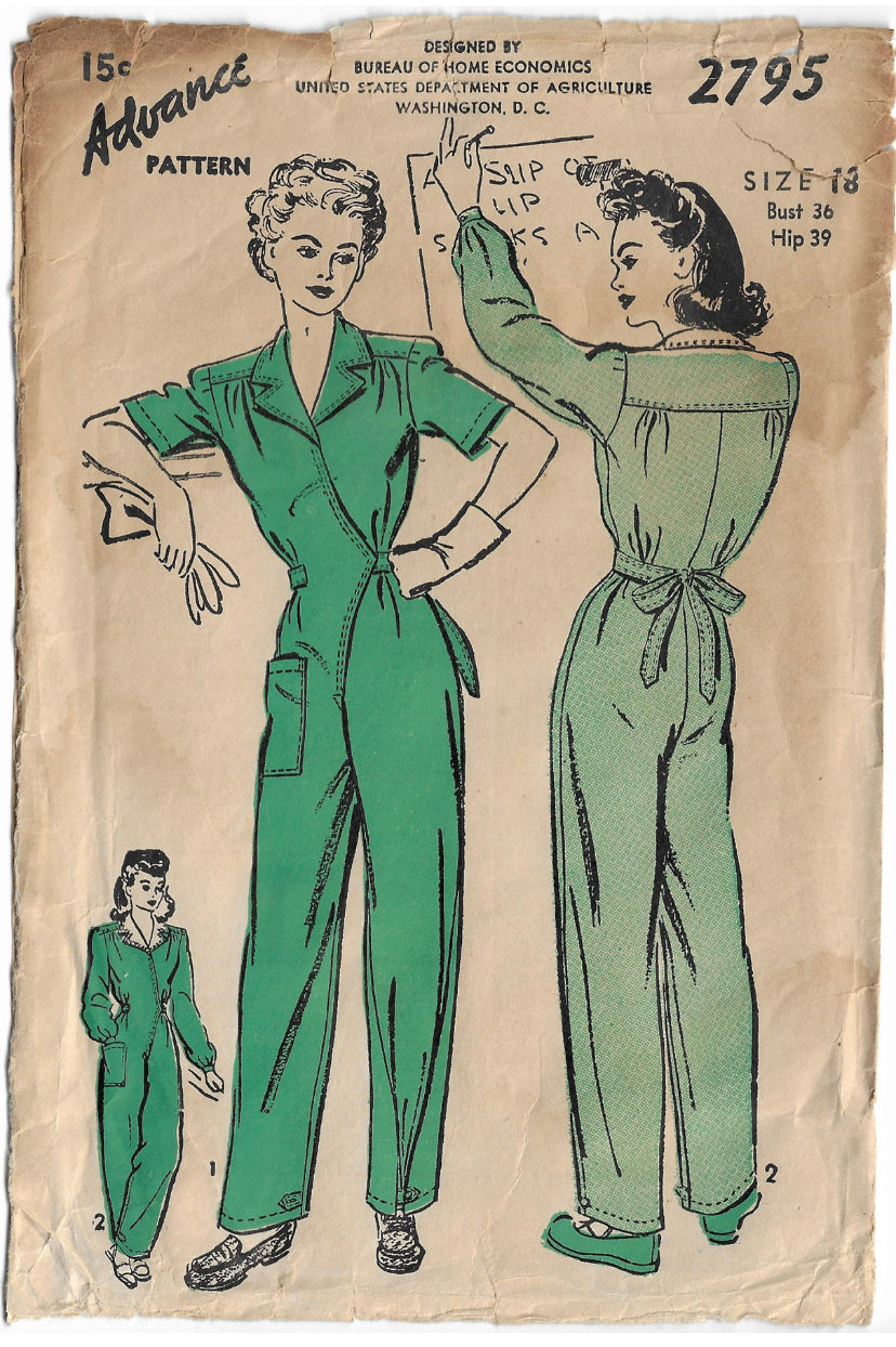 1940s Coverette MULTISIZED  Bust 32"-54" Overalls WWII Rosie the Riveter -  #2795 [PAPER]