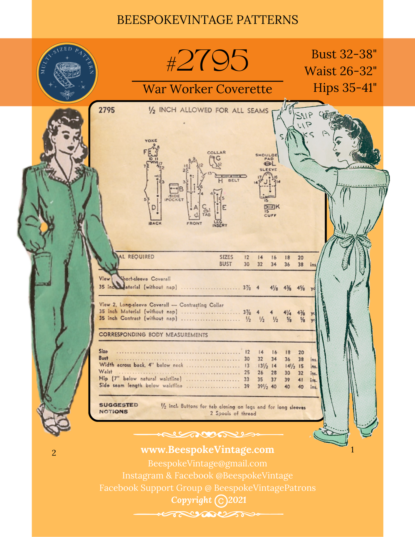 1940s Coverette Overalls WWII Rosie the Riveter - Bust 32"- 38" MULTISIZED Reproduction Vintage Pattern #2795-3238 (PDF - Print At Home)