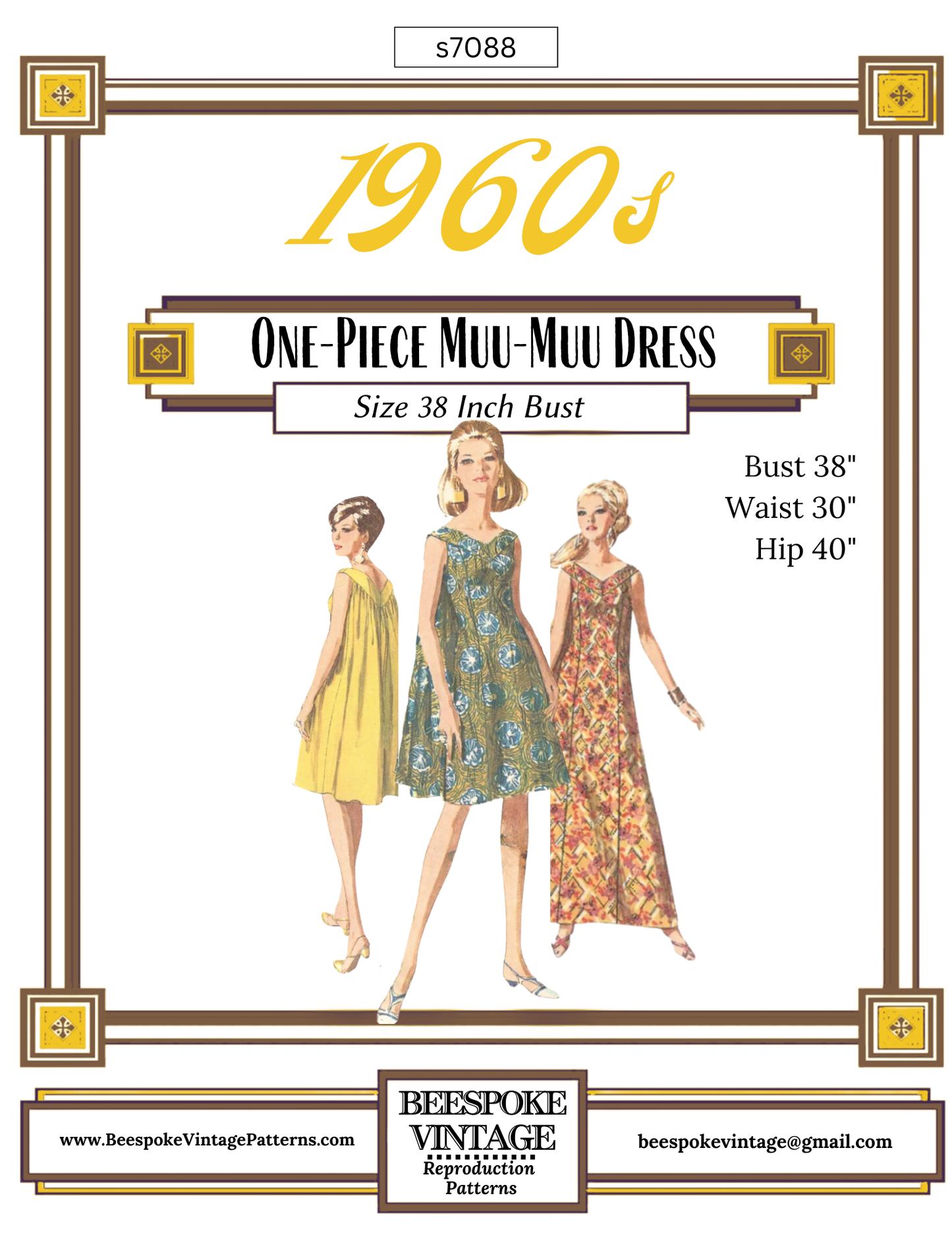 1960s MuuMuu, Waterfall Dress - Bust 34" and 38" - Reproduction Vintage Pattern #7088 - PDF - Print At Home