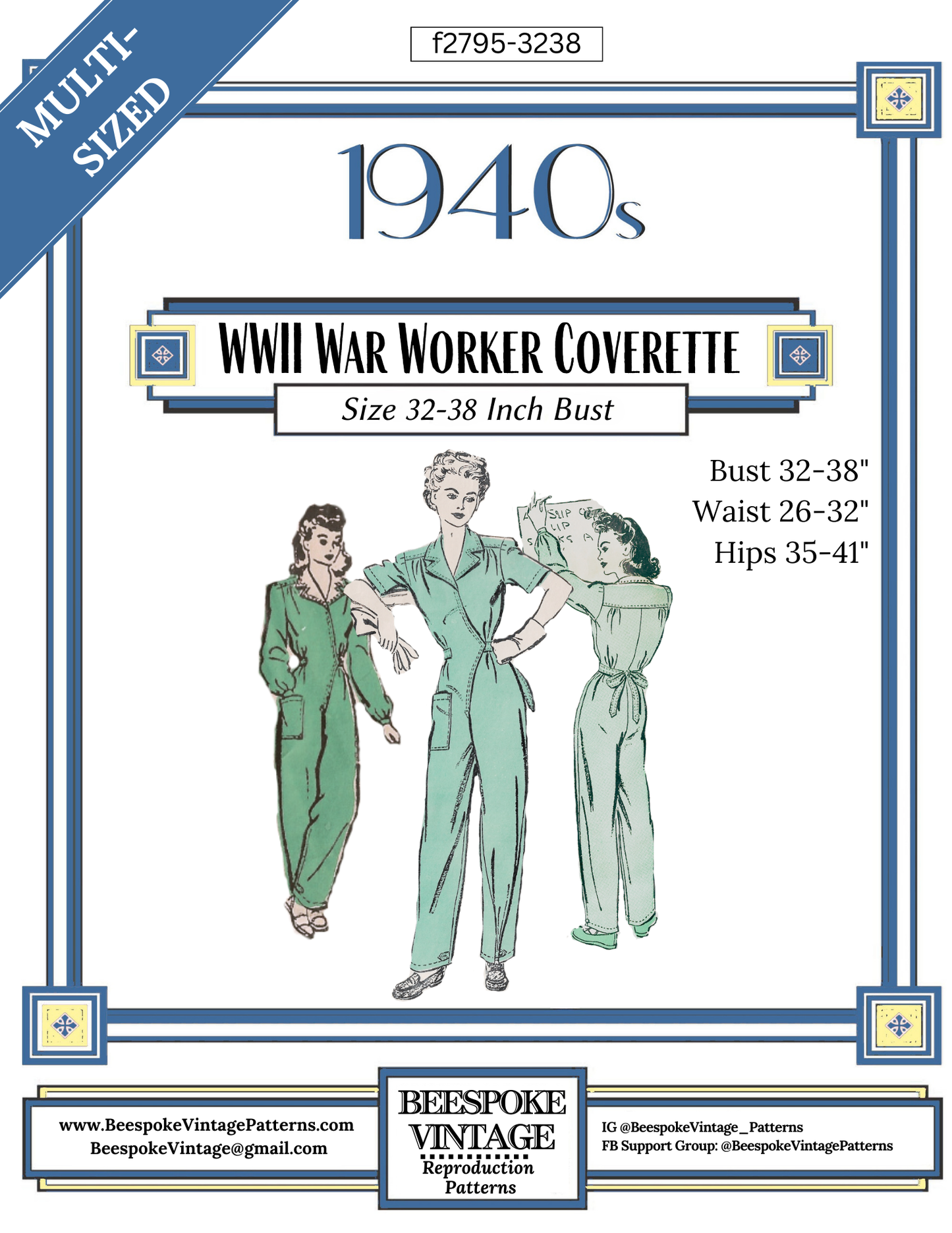 1940s Coverette Overalls WWII Rosie the Riveter - Bust 32"- 38" MULTISIZED Reproduction Vintage Pattern #2795-3238