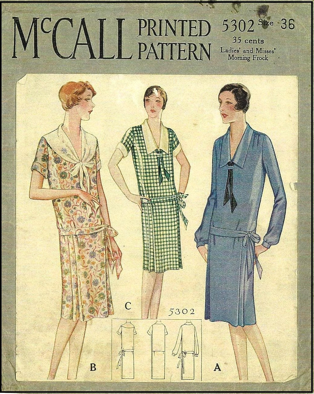 1920s Ladies Morning Frock With Front Ties - INSTANT DOWNLOAD - Reproduction 1928 Sewing Pattern #Z5302 - 36 Inch Bust - PDF - Print At Home