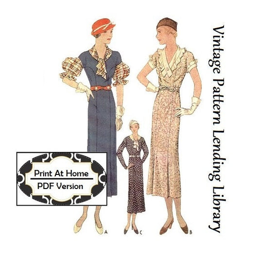 1930s Frock With Three Sleeve Options - INSTANT DOWNLOAD - Reproduction 1933 Sewing Pattern #T7451 - 42 Inch Bust - PDF - Print At Home