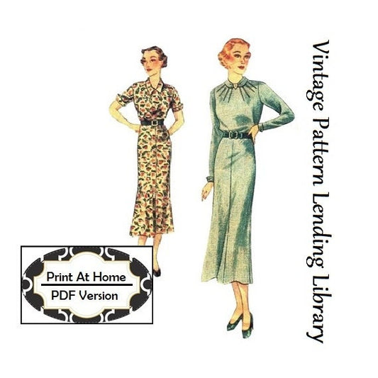 1930s Ladies Day Dress With Two Necklines - INSTANT DOWNLOAD - Reproduction 1936 Sewing Pattern #T8137 - 36 Inch Bust - PDF - Print At Home