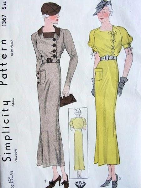 1930s Ladies Day Dress with Left Closure - Reproduction 1934 Sewing Pattern #T1367 - 36 Inch Bust