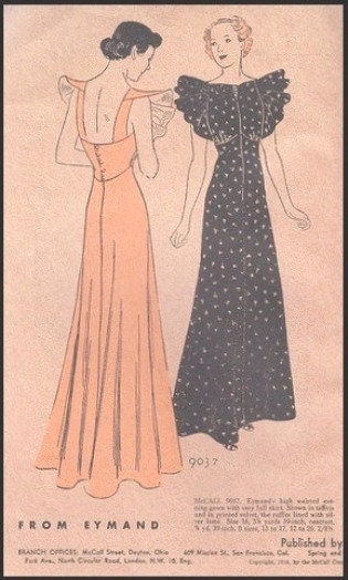 1930s Ladies Evening Gown With Wide Ruffled Trim - Reproduction 1936 Sewing Pattern #T9037 - 38 Inch Bust