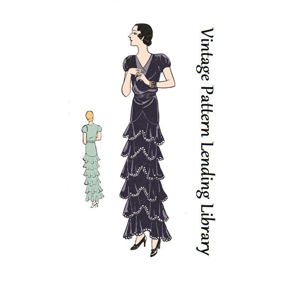 1930s Ladies Evening Gown With Ruffled Tiers by Nicole Groult - Reproduction 1931 Sewing Pattern #T1515 - 34 Inch Bust