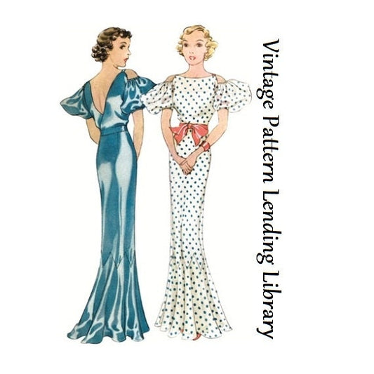 1930s Ladies Evening Gown With Drop Sleeves - Reproduction 1934 Sewing Pattern #T7903 - 38 Inch Bust