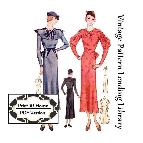 1930s Ladies Dress With Cowl Sleeves - INSTANT DOWNLOAD - Reproduction 1933 Sewing Pattern #T7562 - 40 Inch Bust - PDF - Print At Home