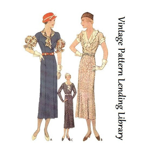 1930s Ladies Frock With Three Sleeve Options - Reproduction 1933 Sewing Pattern #T7451 - 42 Inch Bust