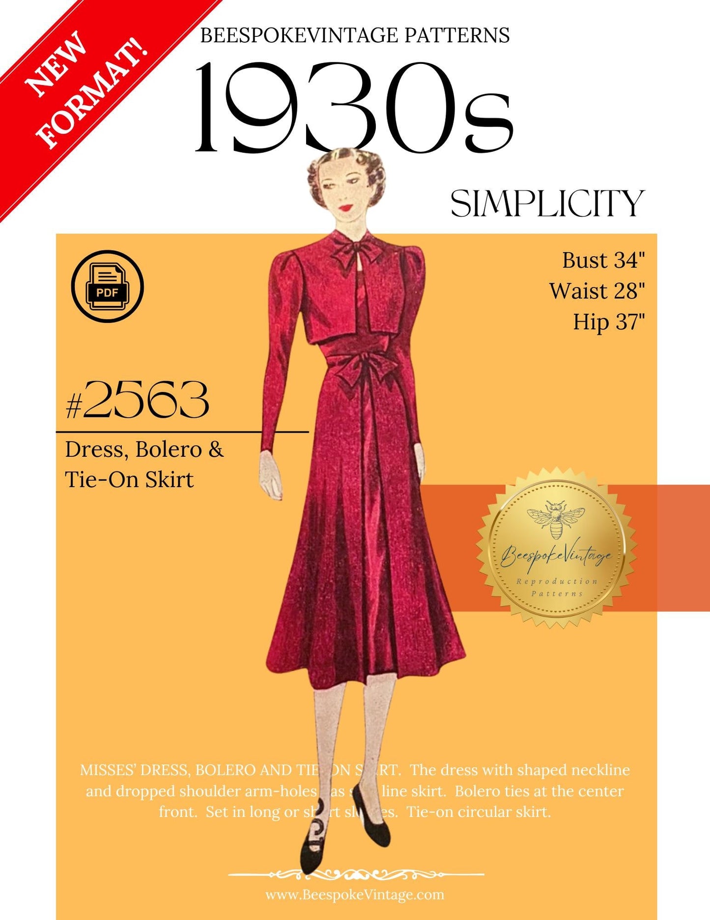 1930s Slimline Dress, Bolero and Tie-On Skirt - Bust 34" - Reproduction Vintage Pattern #2563-34 - PDF - Print At Home