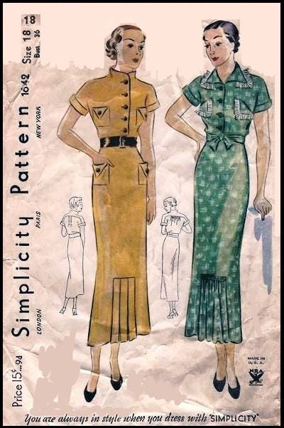 1930s Ladies Day Dress With Kick Pleats - INSTANT DOWNLOAD - Reproduction 1935 Sewing Pattern #T1642 - PDF - Print At Home