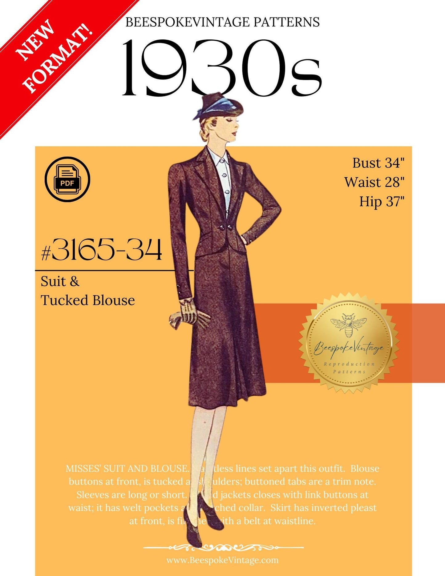 1930s Misses' Suit and Blouse - Bust 34" - Vintage Size 16 -  Reproduction Vintage Pattern #3165-34  - PDF - Print At Home